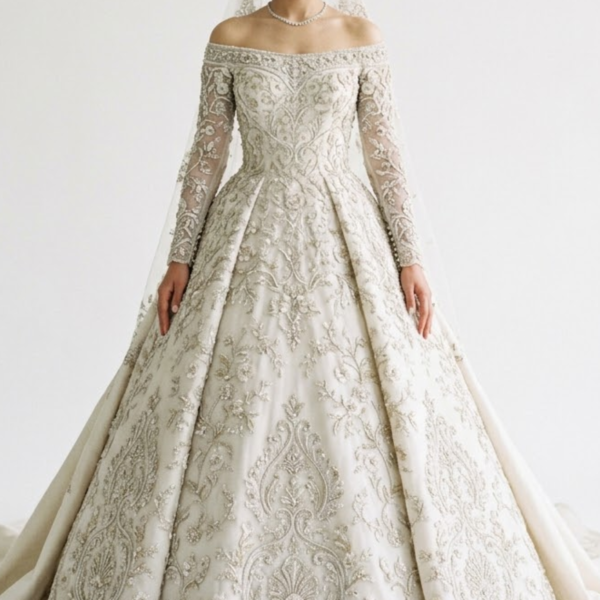 Women’s Gold Embroidered Off-Shoulder Bridal Wedding Gown