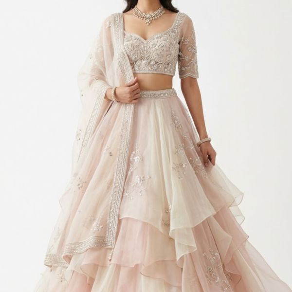 Women’s Peach Layered Embellished Lehenga Set