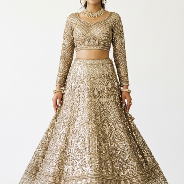Women’s Gold Heavy Embroidered Bridal Lehenga Set