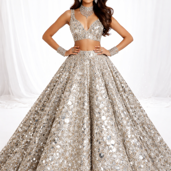 Women’s Silver Heavy Sequin Bridal Lehenga Set
