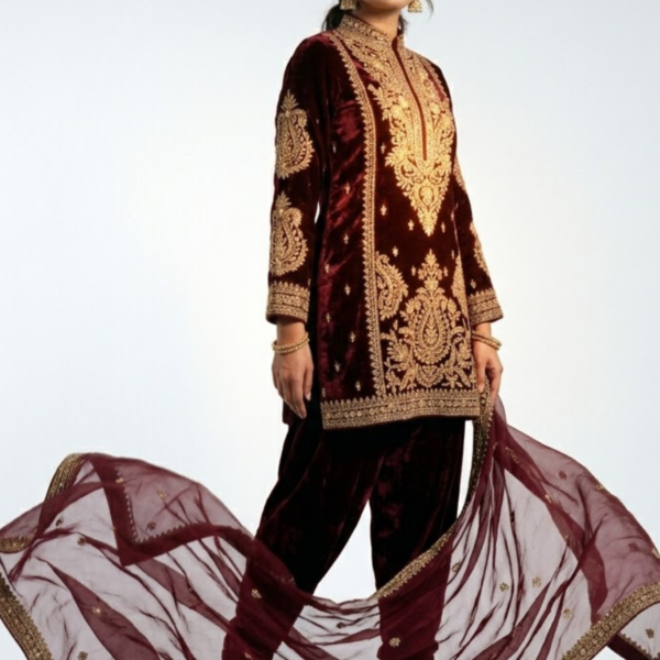 Women’s Maroon Velvet Embroidered Kurti Set