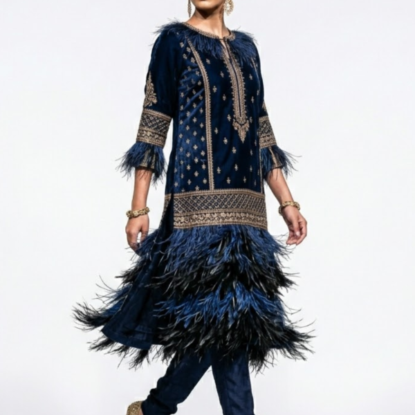 Women’s Navy Blue Feather Designer Kurti Set
