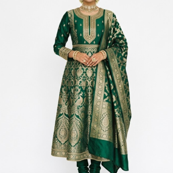 Women’s Green Zari Embroidered Anarkali Kurti Set