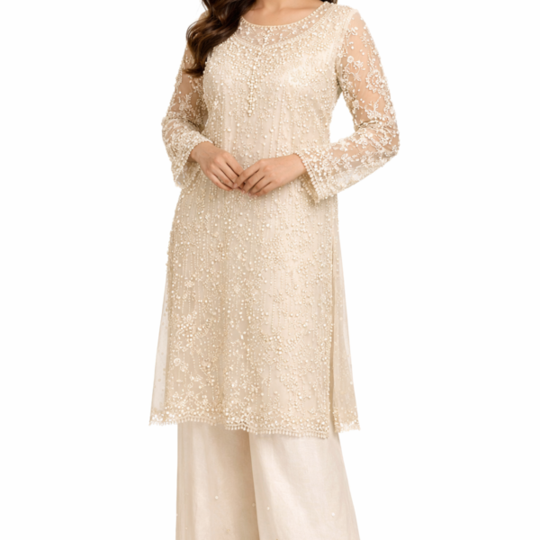 Women’s Beige Sequin Embroidered Kurti Set