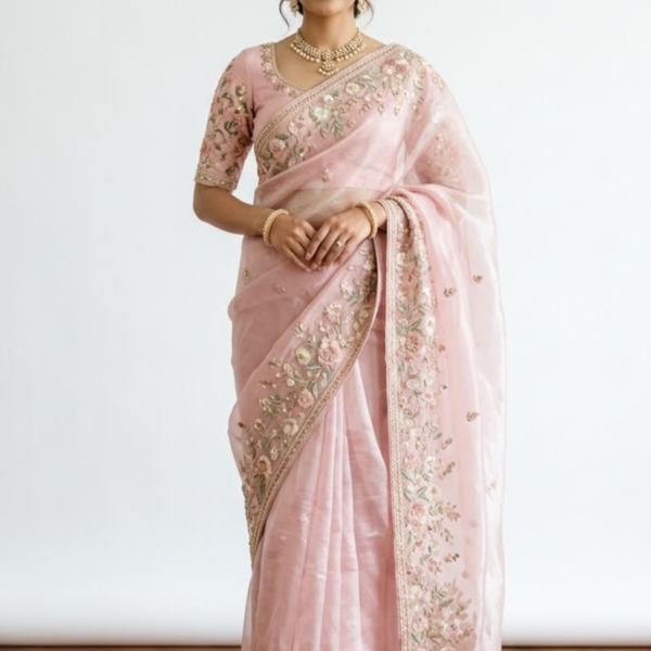 Elegant Pastel Pink Embroidered Designer Saree with Floral Handwork
