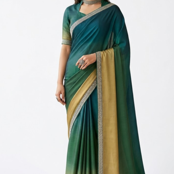 Elegant Emerald Green & Gold Gradient Designer Saree