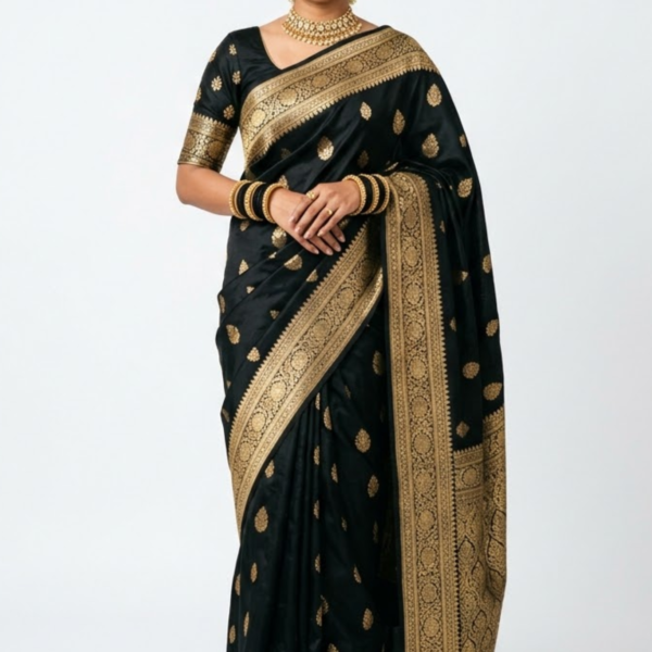 Luxury Black Banarasi Silk Saree with Rich Gold Zari Work