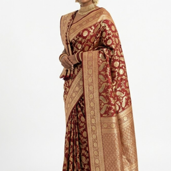 oyal Maroon Banarasi Style Silk Saree with Rich Zari Work